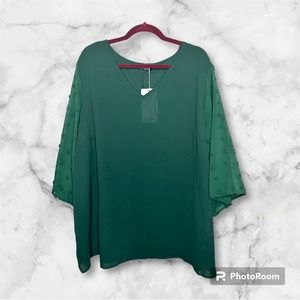 Bloomchic Women's Plus 3X Green Swiss Dot V-Neck Blouse 3/4 Sleeve Casual Top